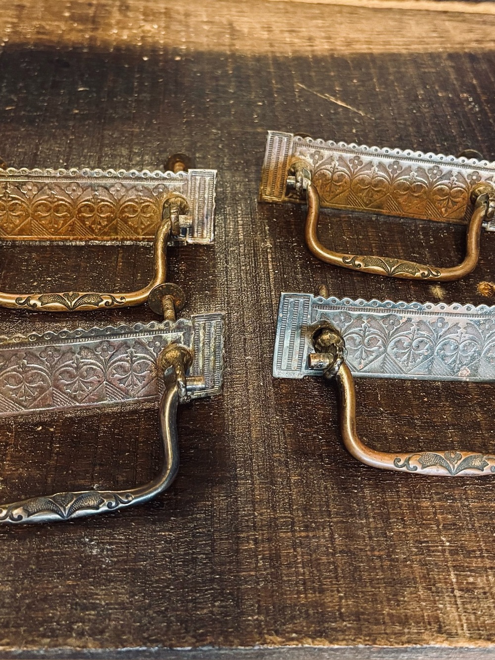 Set of four 4 Antique late Victorian Eastlake Brass Drawer Pulls Ornate embossed
